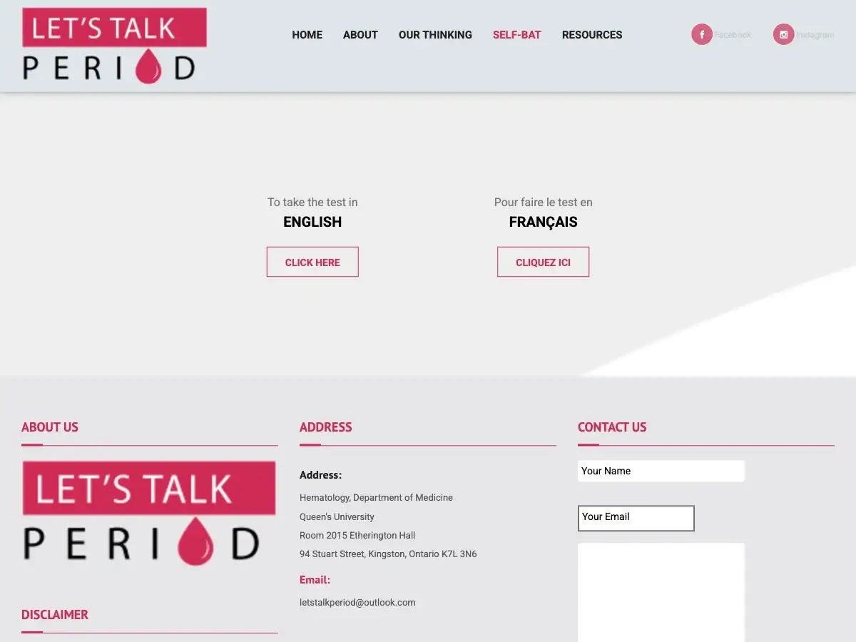 Let's Talk Period desktop homepage with full navigation, language choice buttons, and a footer with contact details