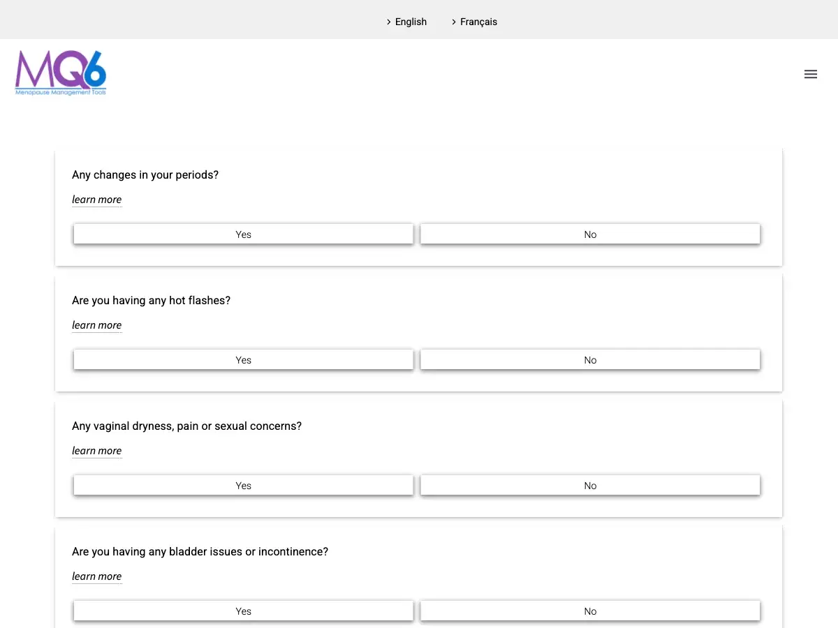 MQ6 tool desktop view showing four yes/no questions on periods, hot flashes, vaginal dryness, and bladder issues