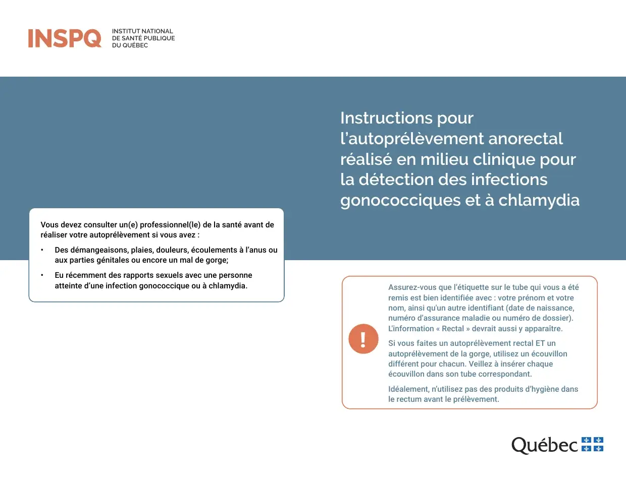 Couverture du dépliant INSPQ sur l'autoprélèvement anorectal : mise en garde et vérification de l'étiquette du tube