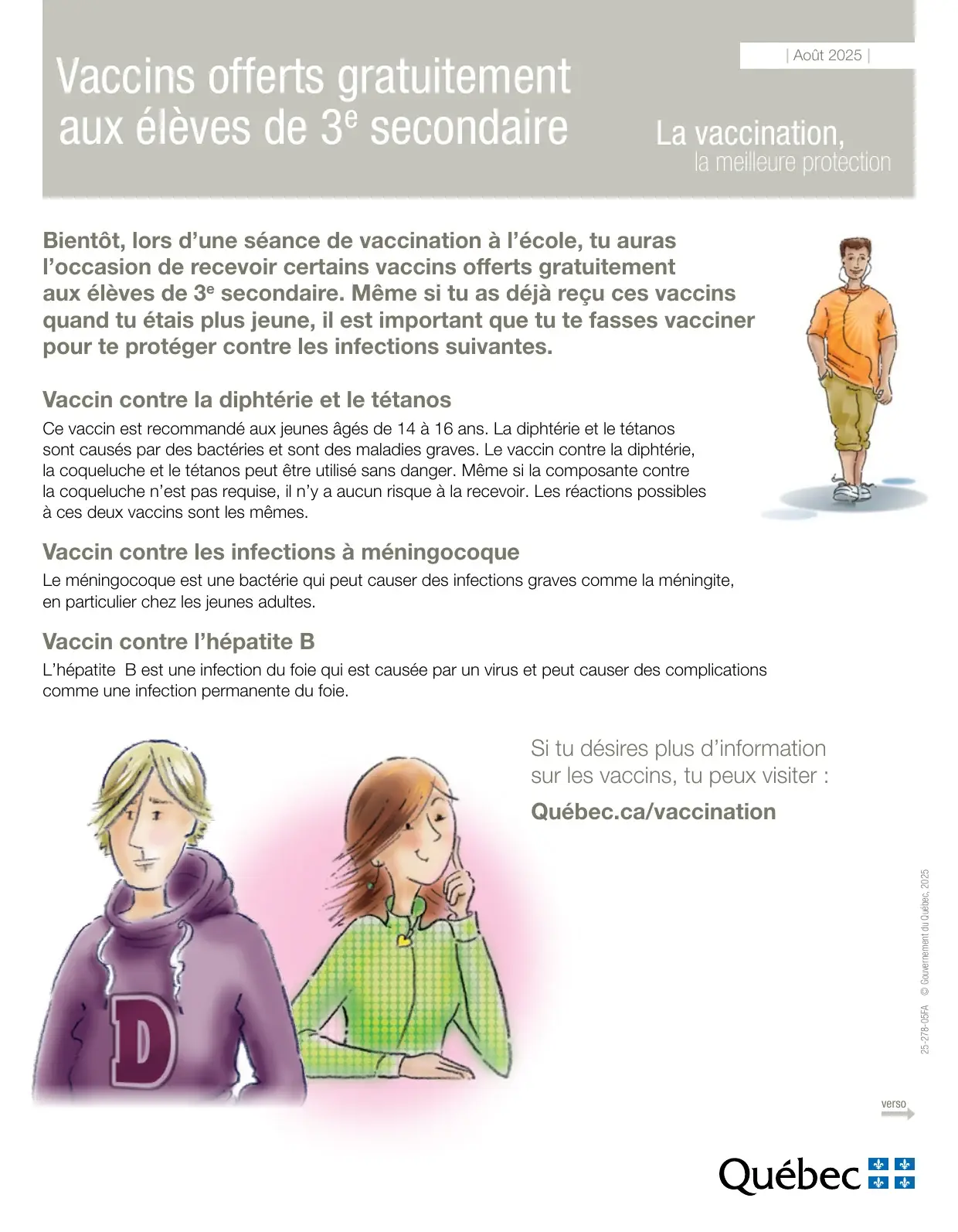 Page sur les vaccins gratuits offerts aux élèves de 3e secondaire contre dTca, méningocoque et hépatite B