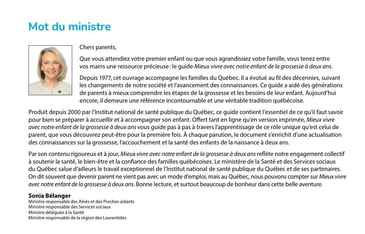 « Mot du ministre » : portrait et message de la ministre responsable de la Santé, sur ce guide offert depuis 1977