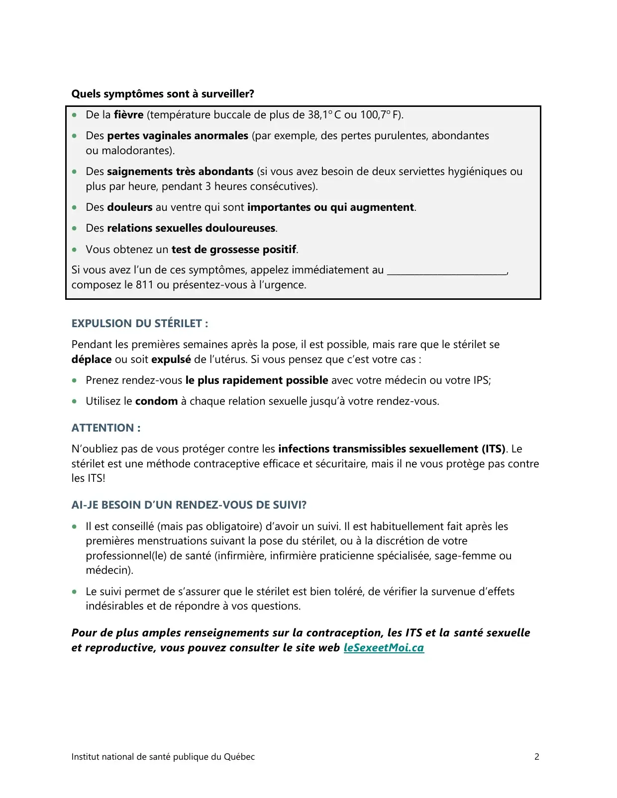Symptômes à surveiller après un stérilet : fièvre, saignements abondants, risque d'expulsion et suivi médical