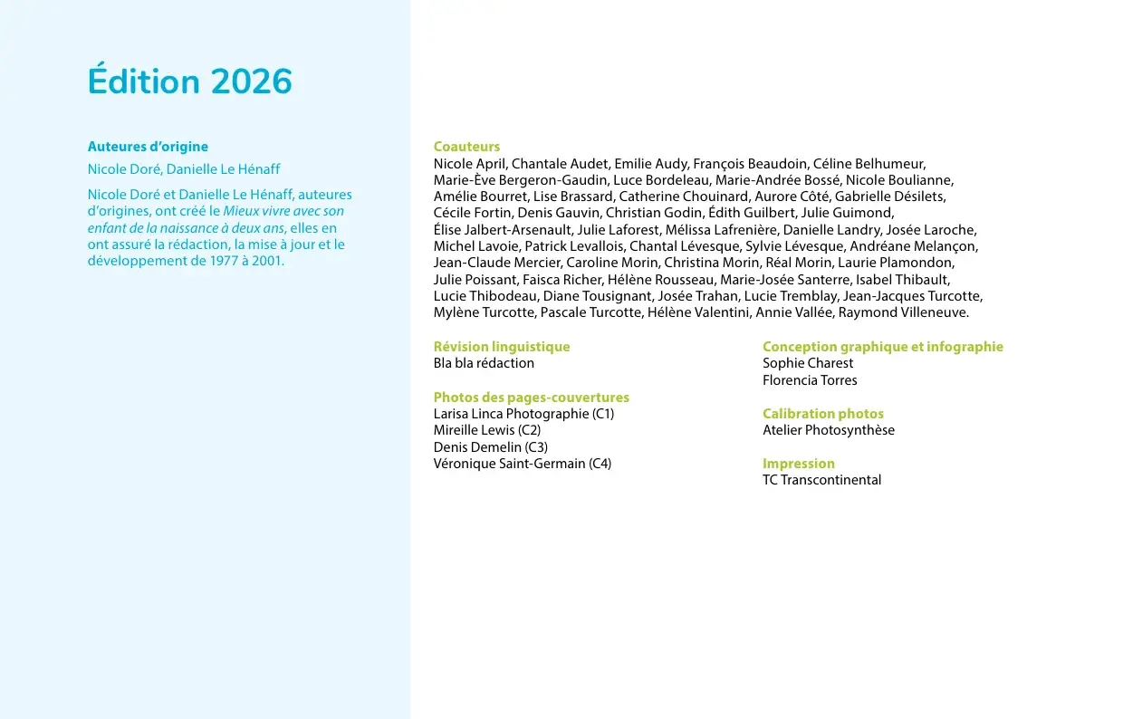 « Édition 2026 » : liste des coautrices et coauteurs, réviseuse linguistique, photographes et infographistes
