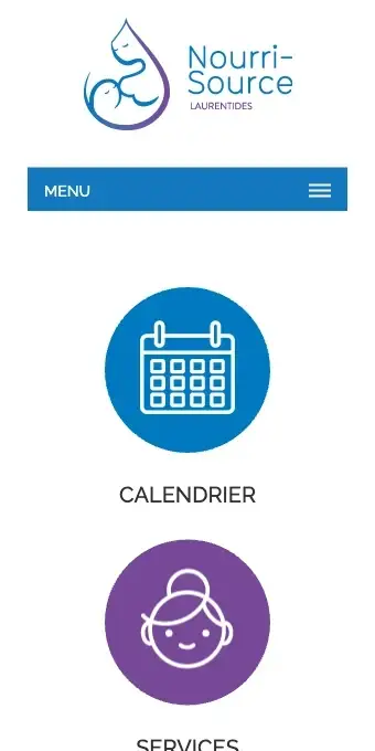 Affichage mobile d'un site : logo en forme de goutte avec mère et bébé, barre Menu, puis pictogrammes ronds Calendrier et Services