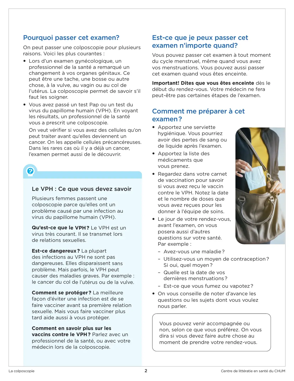 Raisons de passer une colposcopie, encadré questions-réponses sur le VPH, et comment se préparer à l'examen