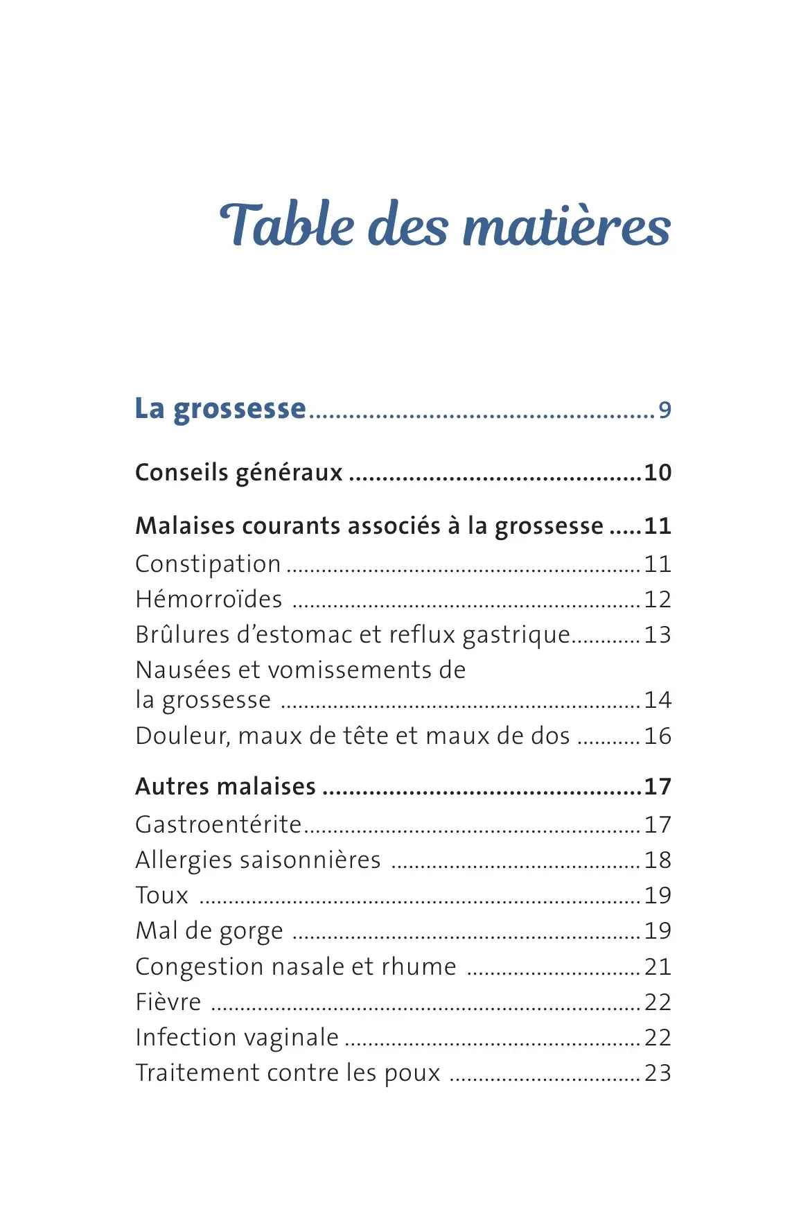 Table des matières : sections sur la grossesse, malaises courants et autres malaises jusqu'à la page 23