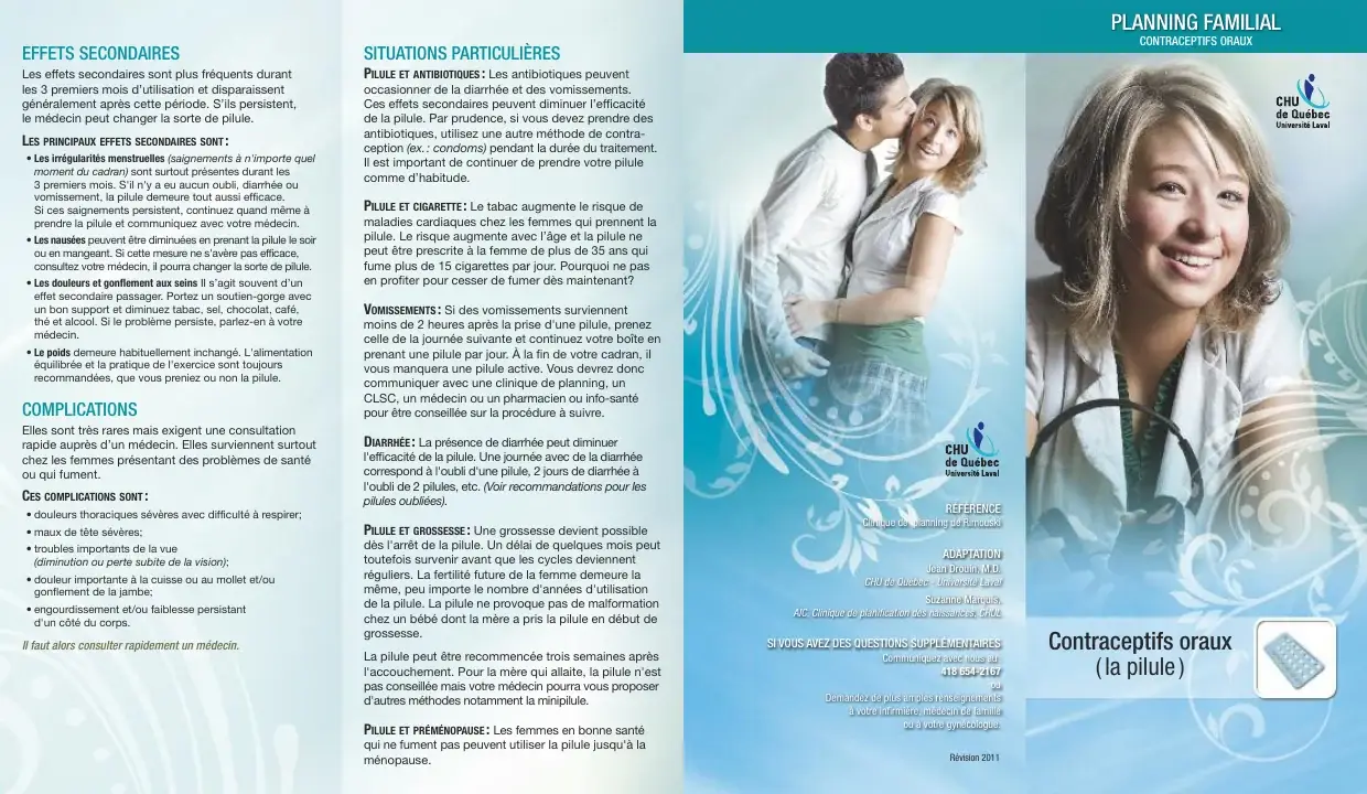 Volet de dépliant sur la pilule contraceptive : effets secondaires, complications rares et situations particulières