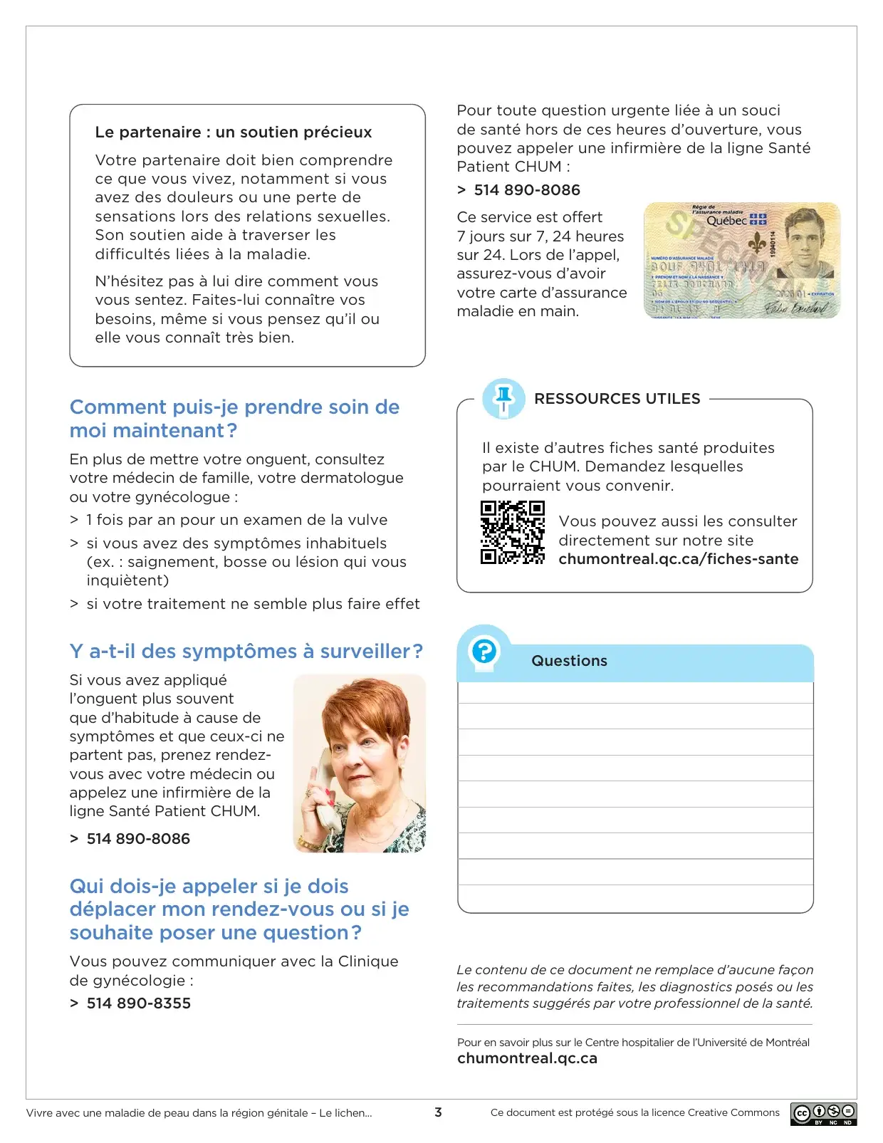 Soutien du ou de la partenaire, autosoins, ressources utiles et espace pour noter ses questions et une carte-spécimen