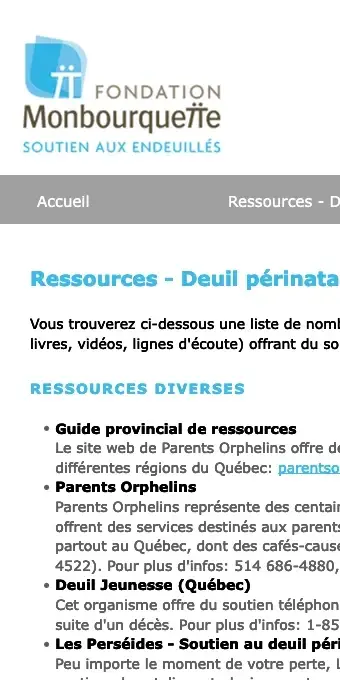 Affichage étroit d'un site de soutien aux personnes endeuillées : logo, menu et début d'une liste de ressources en deuil périnatal