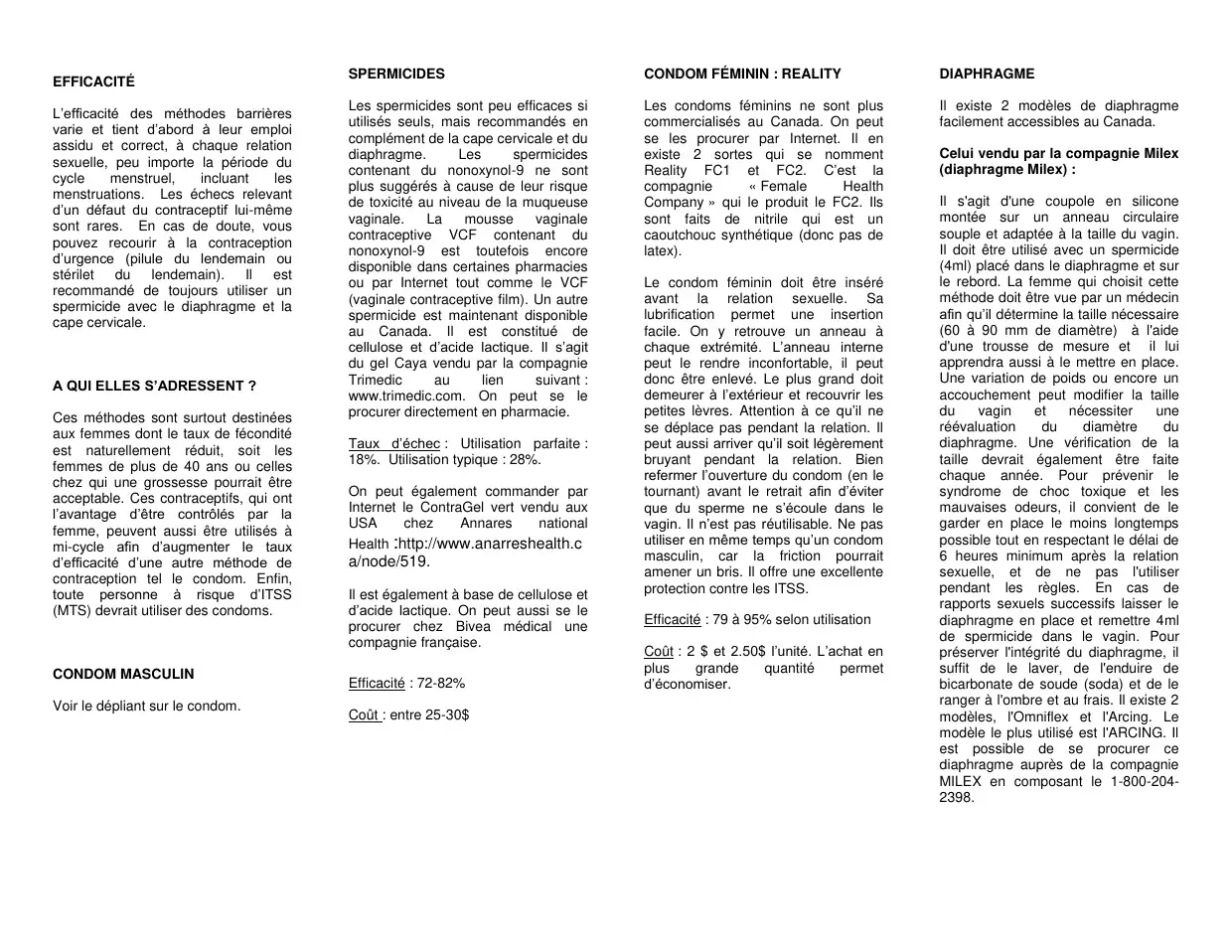 Texte sur l'efficacité des méthodes barrières, le condom masculin, les spermicides et le condom féminin
