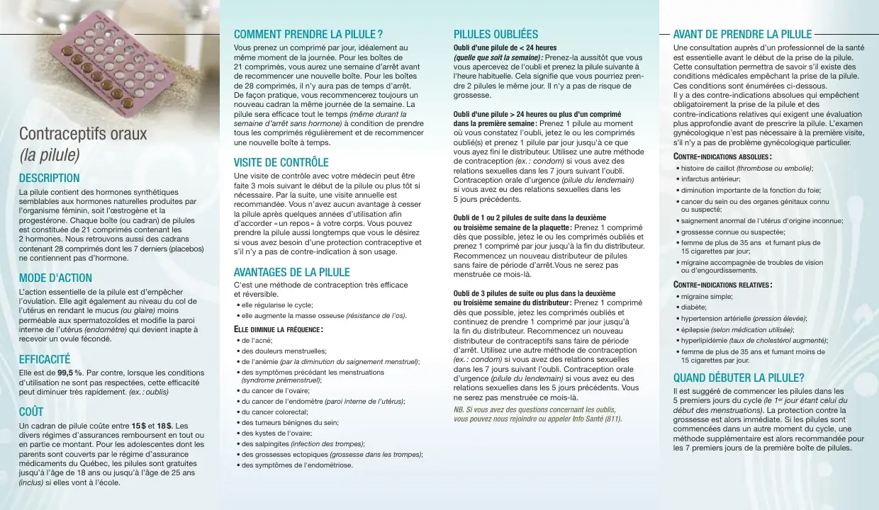 Pages intérieures : description, mode d'action, prise de la pilule, pilules oubliées et contre-indications