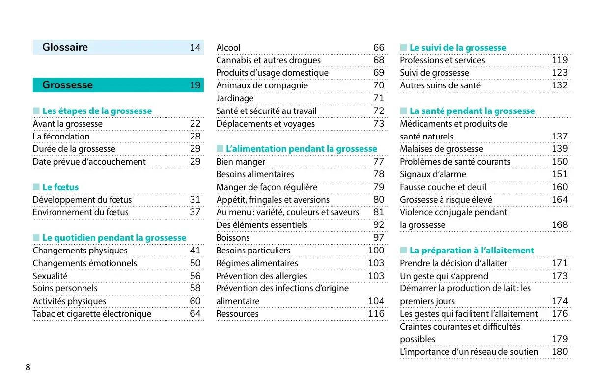Table des matières (page 8) : chapitre Grossesse — étapes, alimentation, quotidien et suivi médical