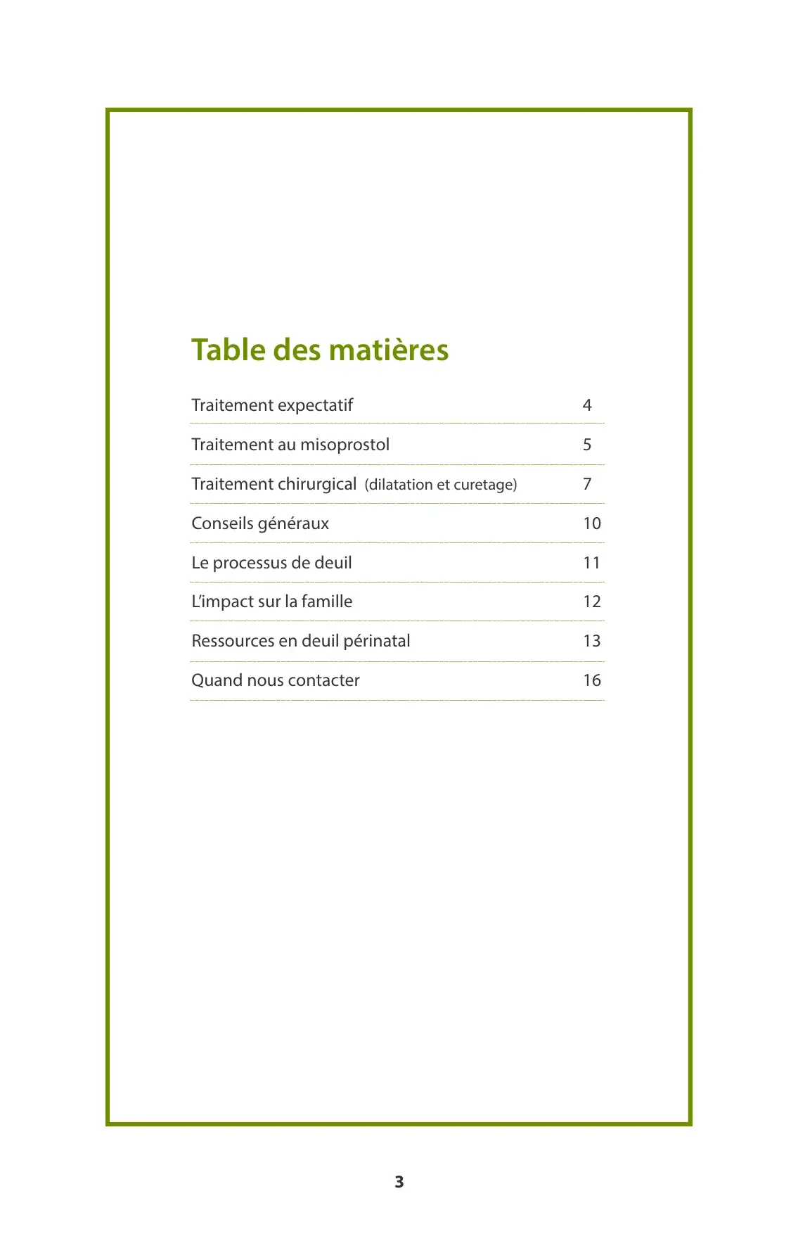 Table des matières : traitements expectatif, misoprostol, chirurgical, deuil et ressources