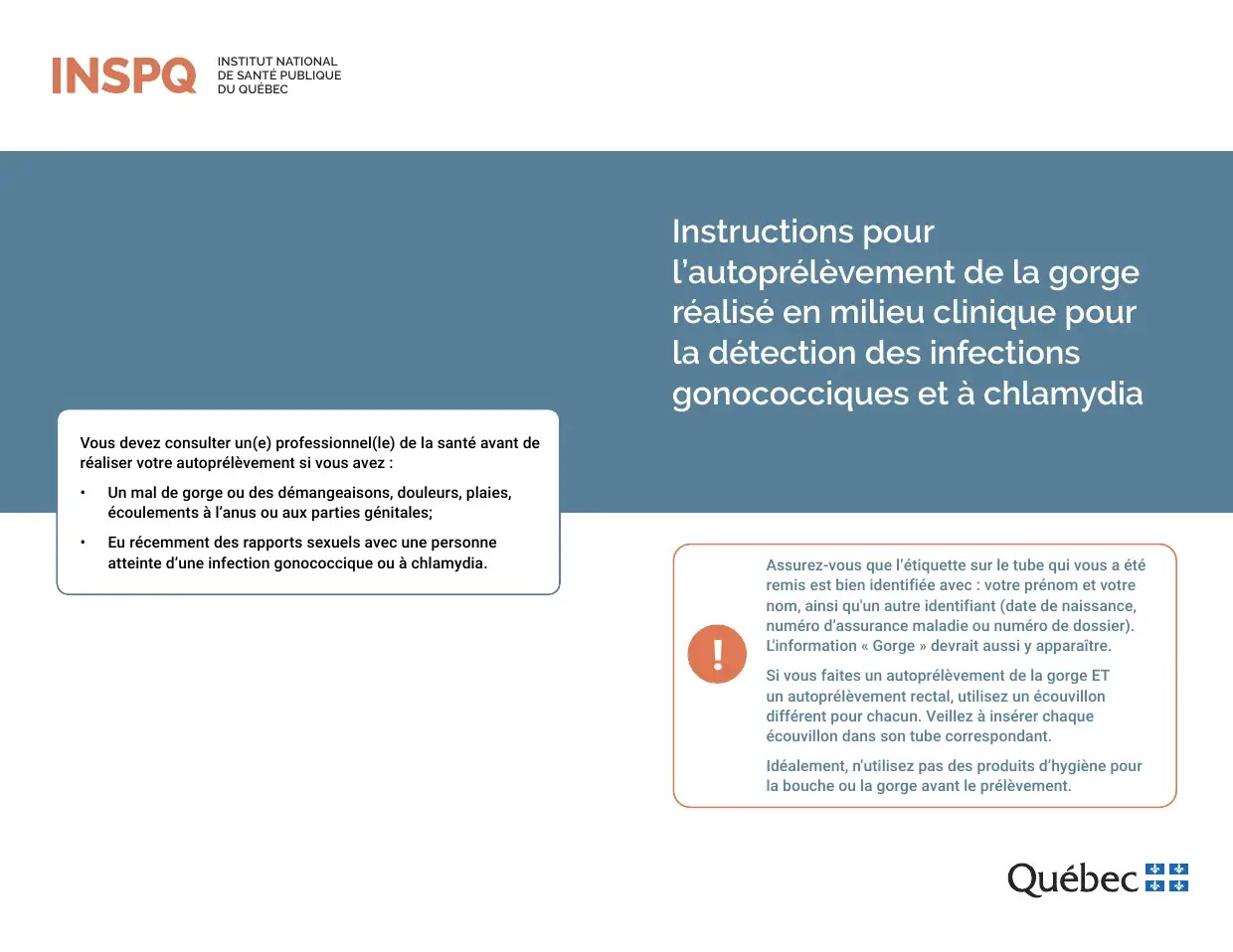 Couverture du dépliant INSPQ sur l'autoprélèvement de la gorge : mise en garde et vérification de l'étiquette