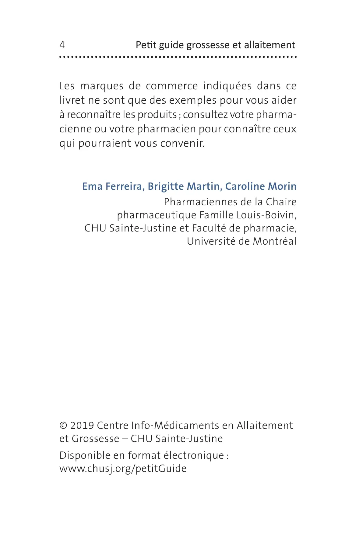 Page de crédits : autrices pharmaciennes du CHU Sainte-Justine, marques de commerce et droits d'auteur 2019