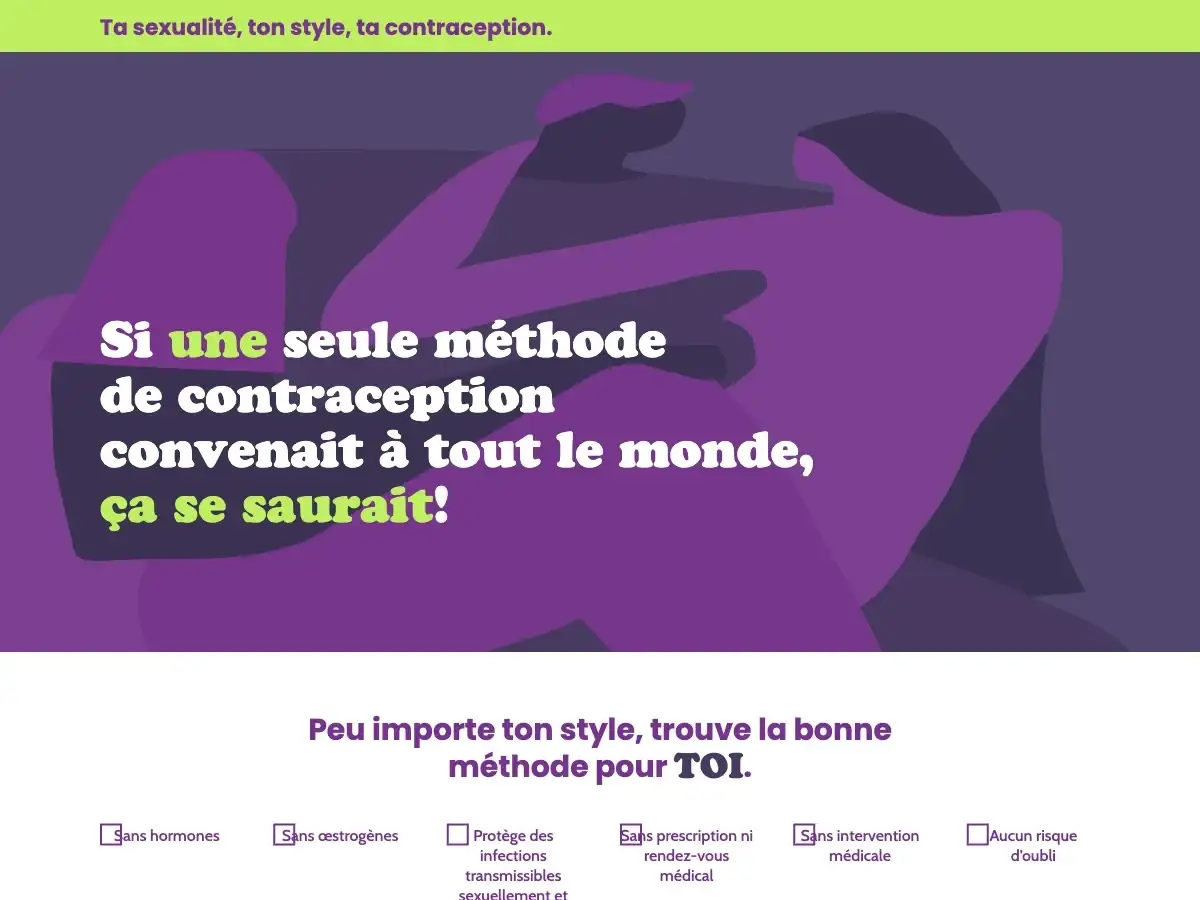 Filtres à cocher pour trouver une méthode : sans hormones, sans œstrogènes, protection contre les ITSS, sans prescription, sans oubli