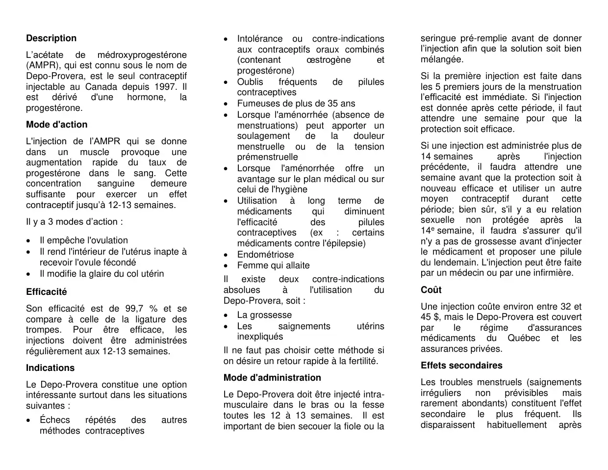 Texte sur la description, le mode d'action, les indications et les contre-indications du Depo-Provera