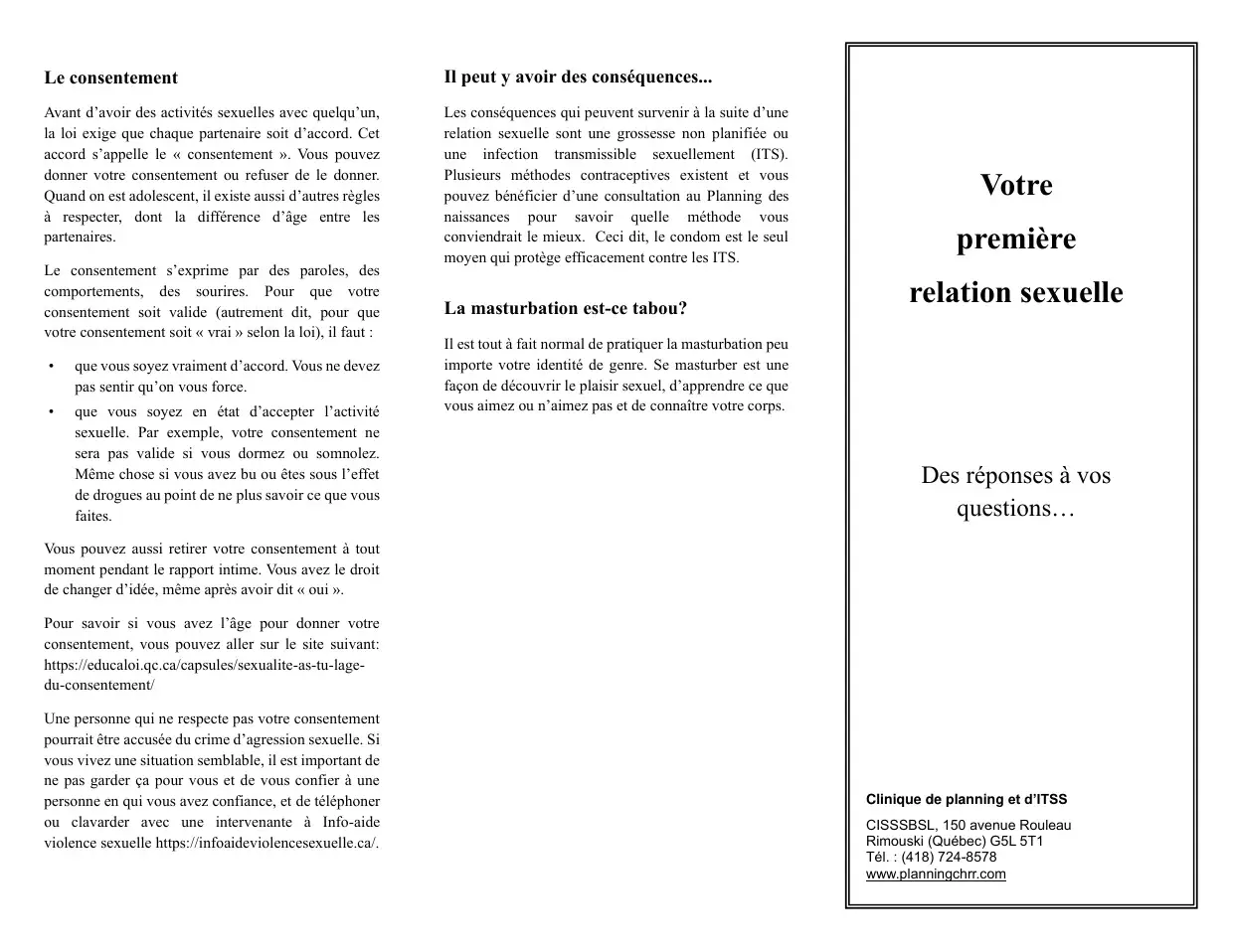 Texte sur le consentement sexuel et ses conséquences possibles, avec encadré titre et coordonnées