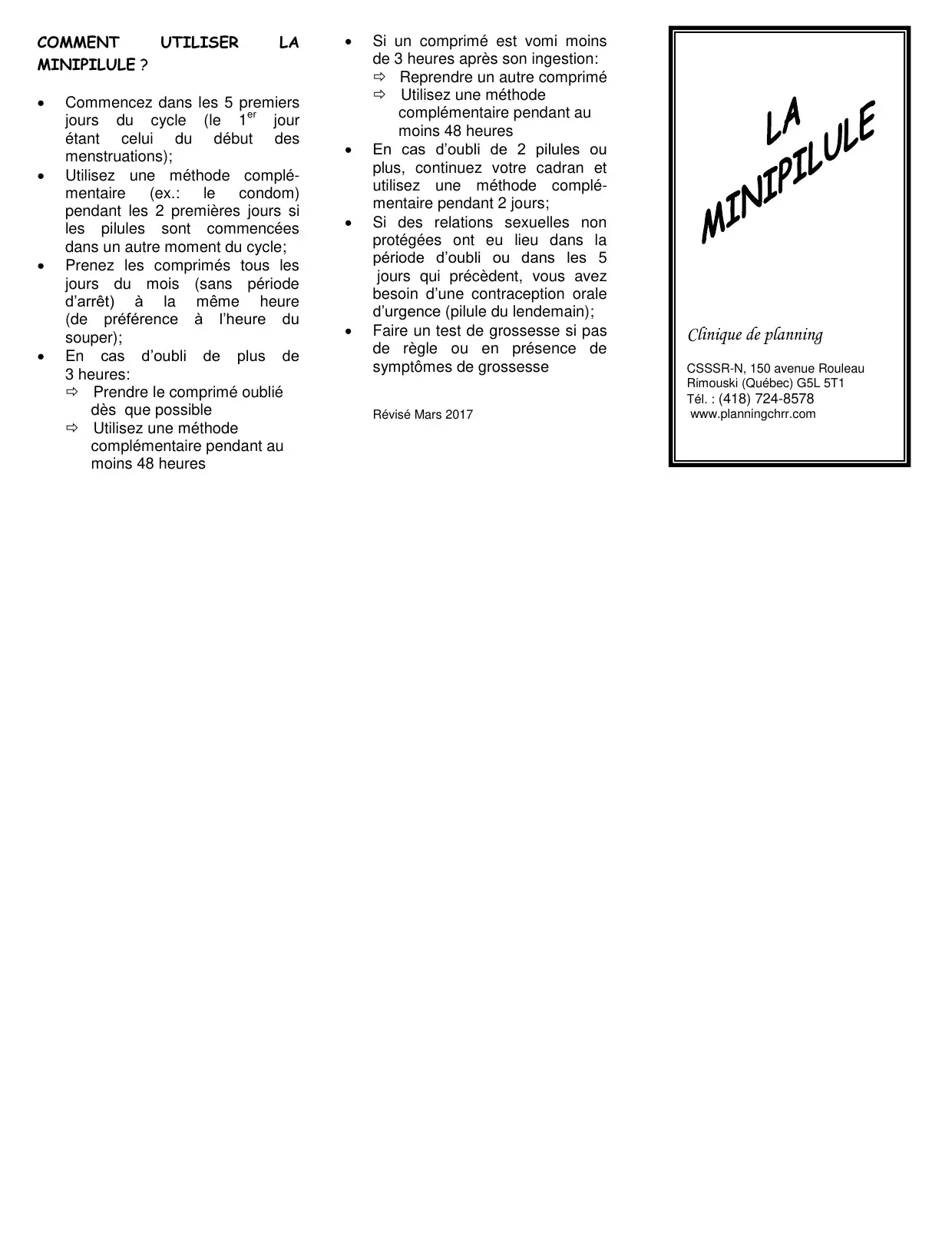 « Comment utiliser la minipilule » : marche à suivre en cas d'oubli, avec le titre du feuillet en page couverture