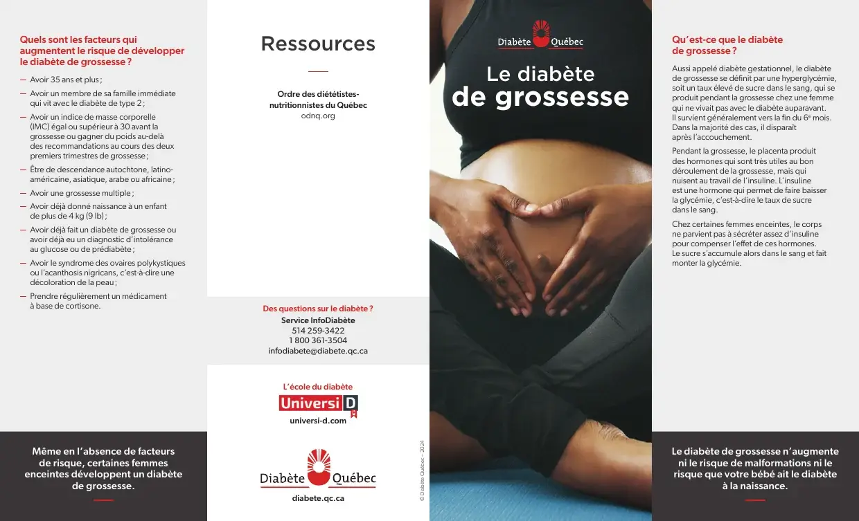 Dépliant « Le diabète de grossesse » : facteurs de risque, définition et ressources, photo d'une femme enceinte