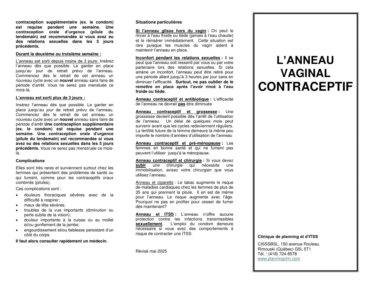 Texte sur le retrait, les effets secondaires et les complications de l'anneau, avec encadré titre et coordonnées