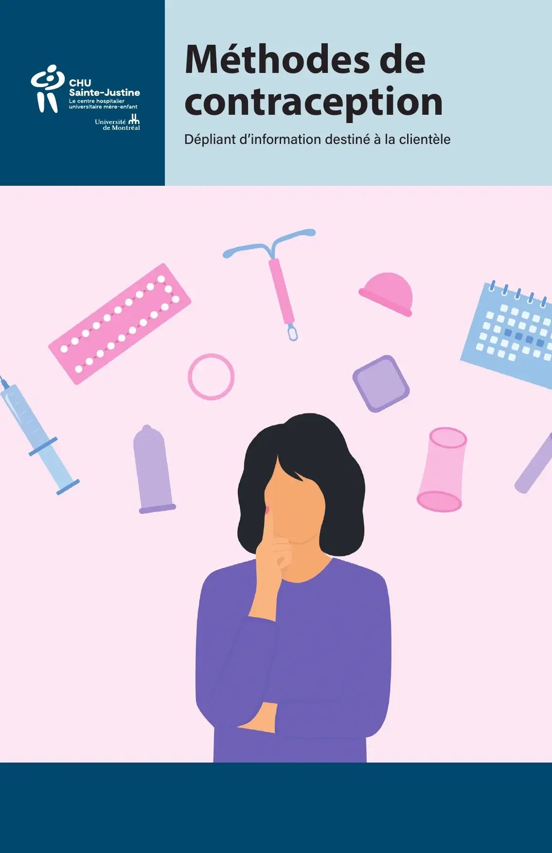 Couverture « Méthodes de contraception », femme pensive entourée d'icônes de pilules, stérilet, condom, timbre