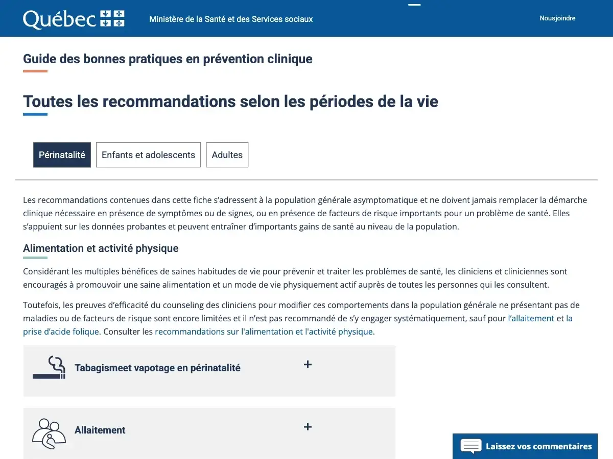 Recommandations en périnatalité sur un site du gouvernement du Québec, avec sections dépliables Tabagisme et vapotage, et Allaitement