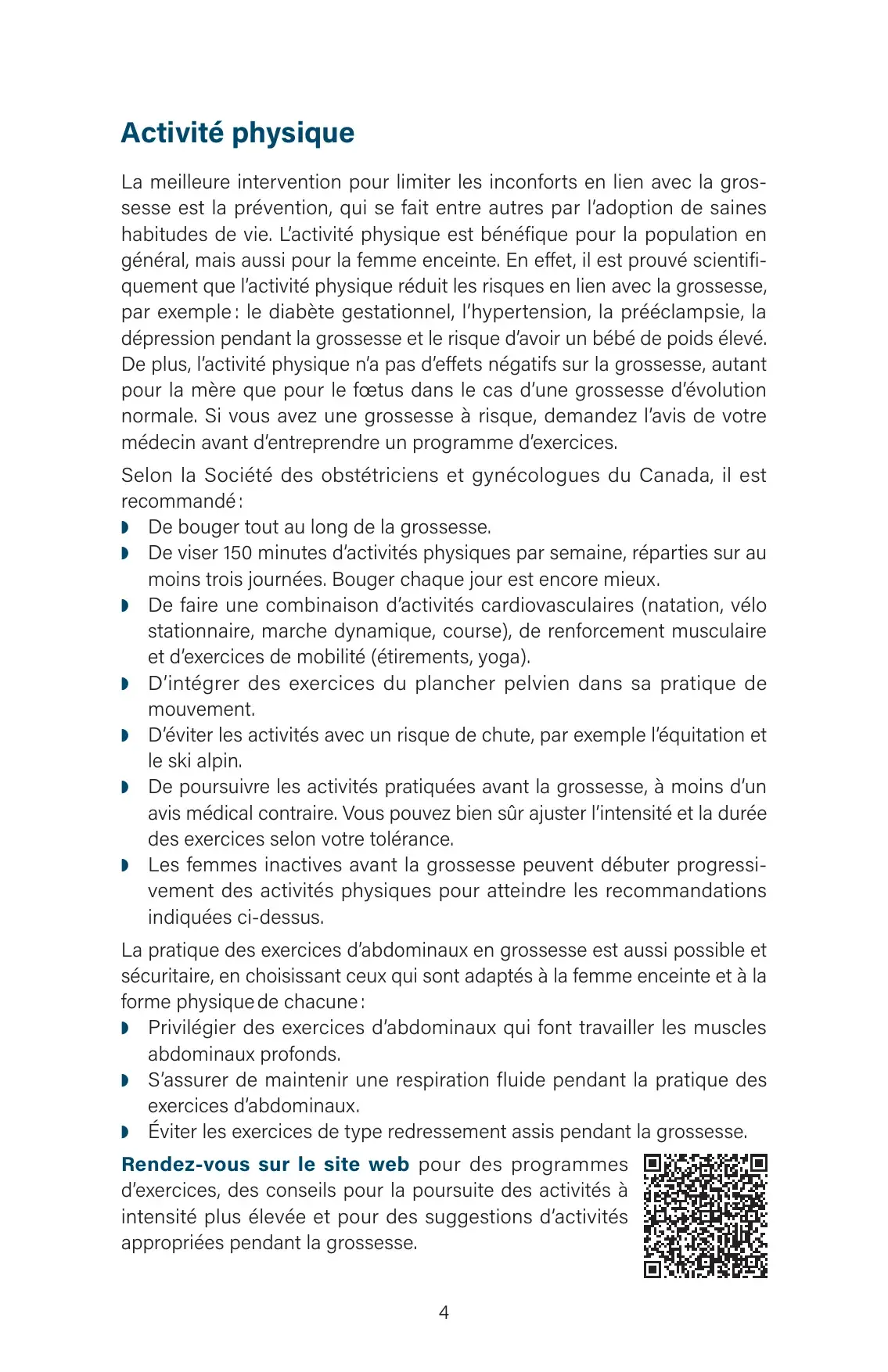 « Activité physique » : recommandations de la SOGC, dont 150 minutes par semaine, et liste d'exercices abdominaux