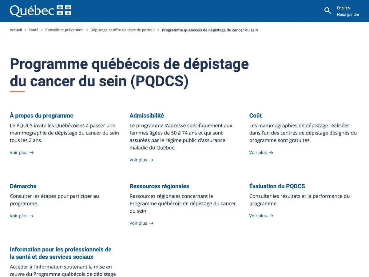 Capture d'écran de Québec.ca : fil d'Ariane, titre du programme et ses six sections en tuiles.