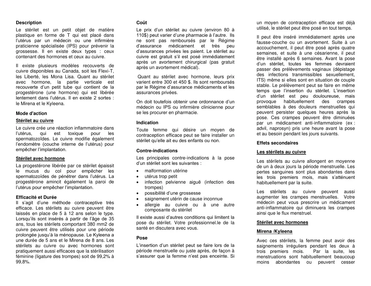 Texte sur la description, le mode d'action, l'efficacité, le coût et la pose du stérilet au cuivre