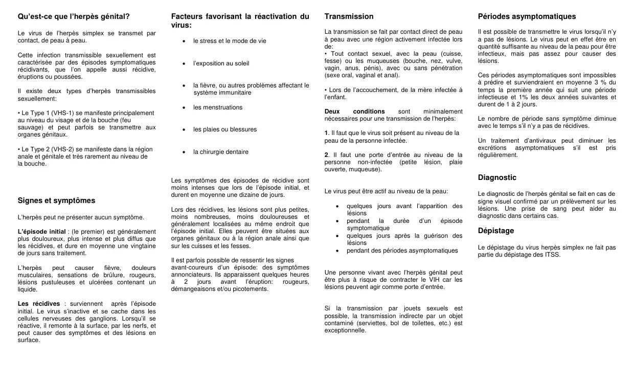 Quatre colonnes : définition, facteurs de réactivation, transmission et périodes asymptomatiques de l'herpès