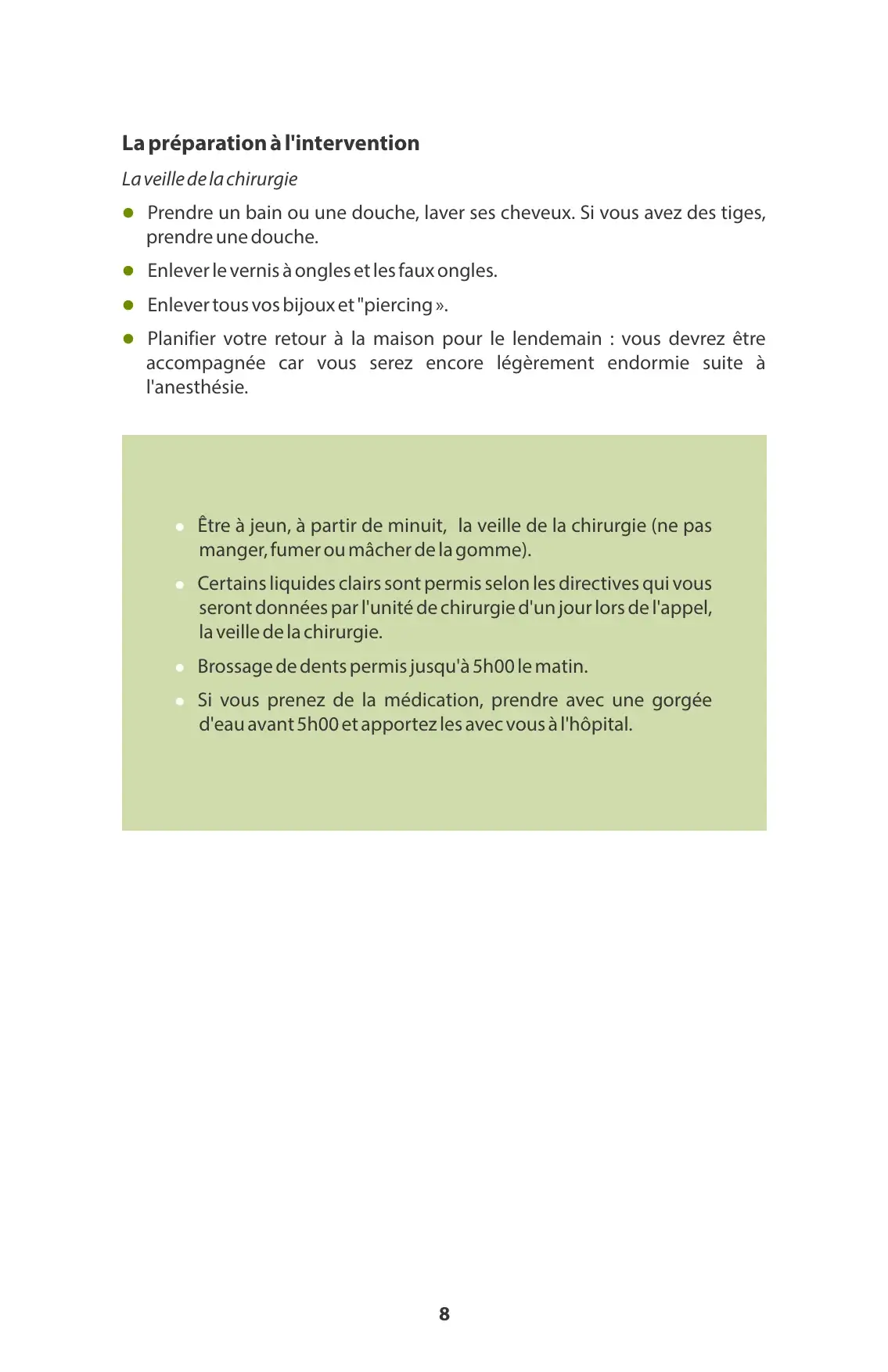 « La préparation à l'intervention » : consignes la veille, encadré sur le jeûne avant la chirurgie