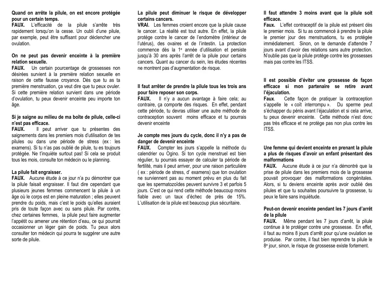 Six énoncés vrai ou faux sur la pilule contraceptive : arrêt, première relation, saignements, poids et cancer