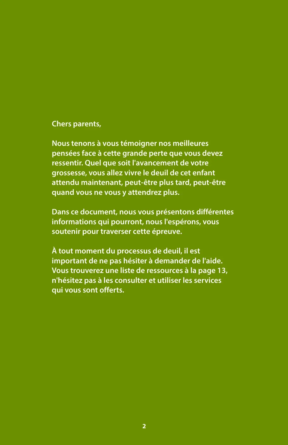 Lettre « Chers parents » sur fond vert, message de soutien du CHU Sainte-Justine pour ce deuil