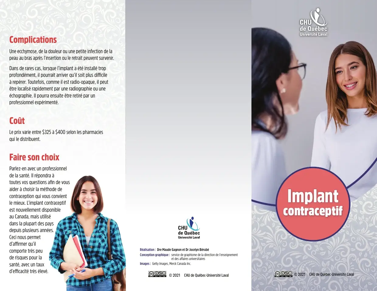 Volet du dépliant « Implant contraceptif » avec sections Complications, coût et Faire son choix