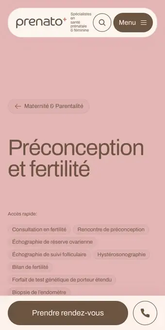 Capture d'écran (mobile) de prenato.ca : page Préconception et fertilité et sa liste d'accès rapides.