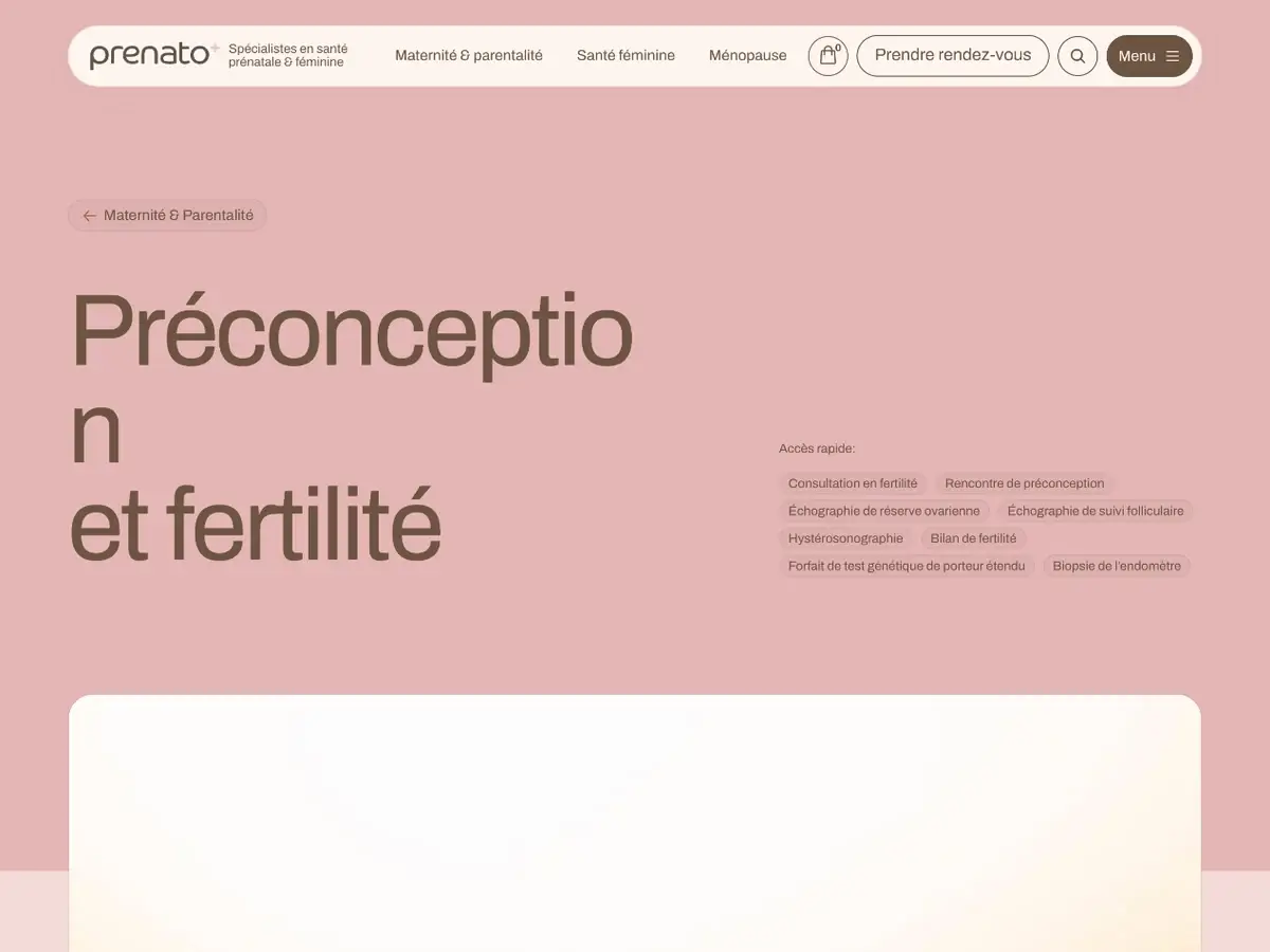 Capture d'écran de prenato.ca : menu principal, fil d'Ariane et accès rapides vers les consultations en fertilité.