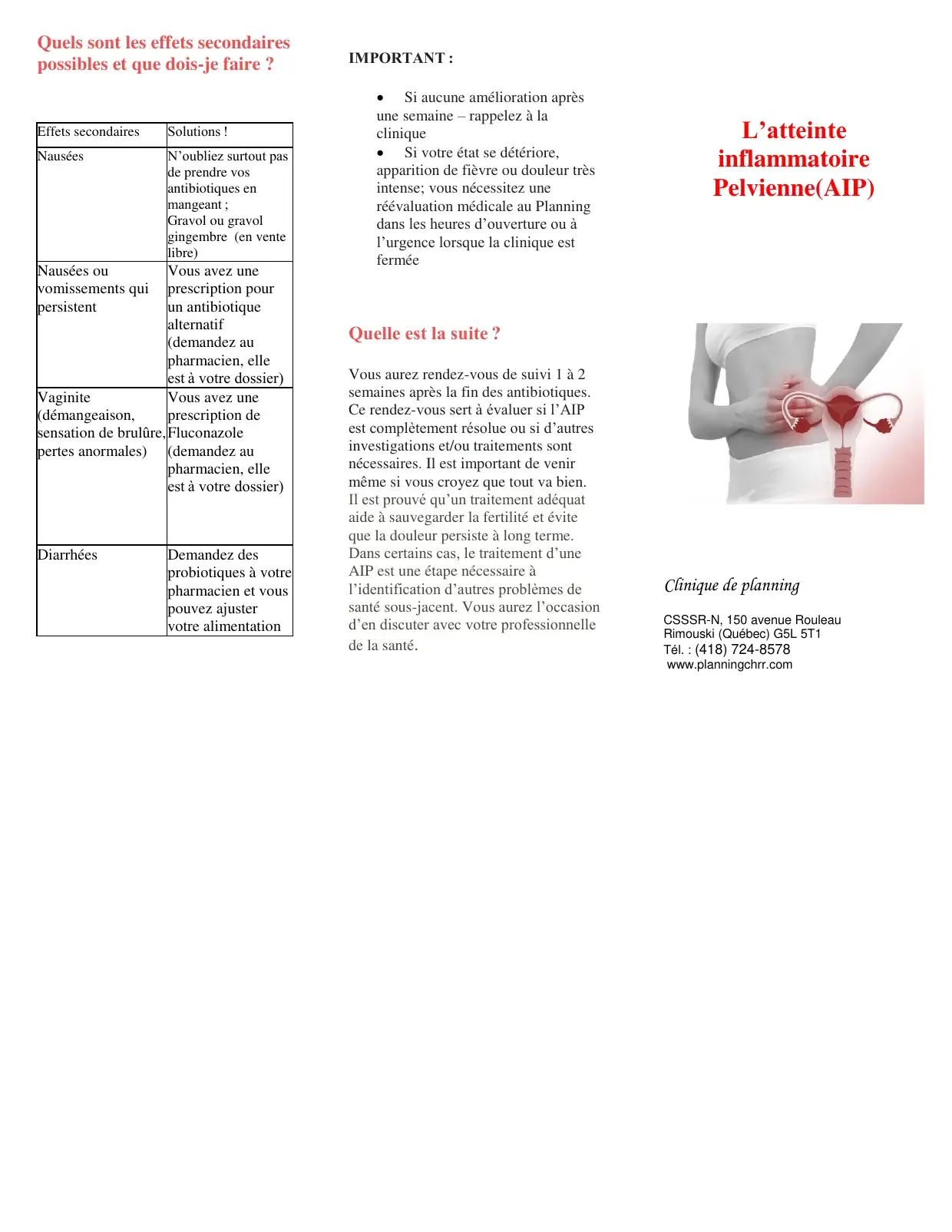 Titre « Atteinte inflammatoire pelvienne » : tableau des effets secondaires et suite du suivi