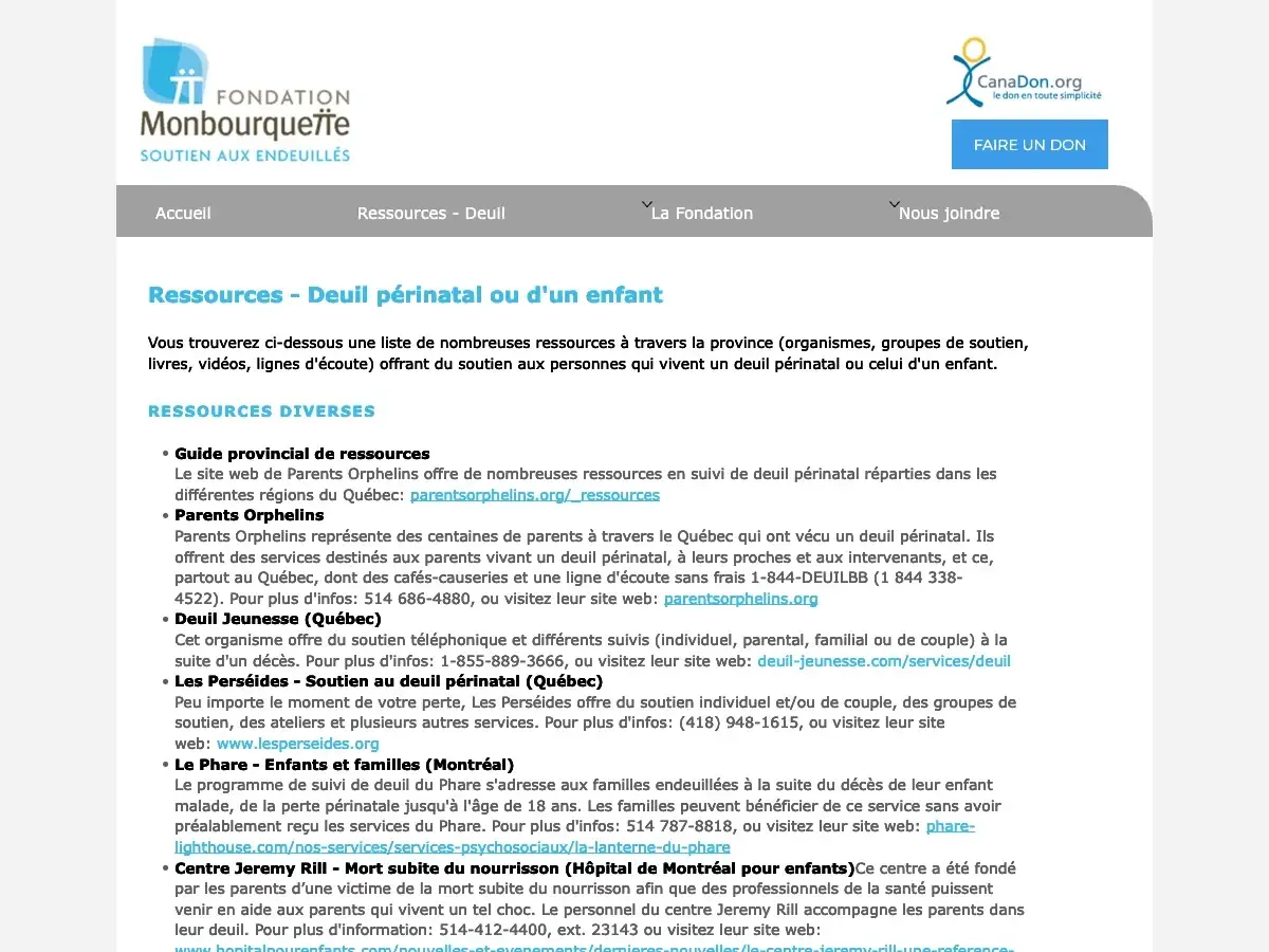 Page « Ressources – Deuil périnatal ou d'un enfant » listant des organismes de soutien du Québec avec coordonnées et liens