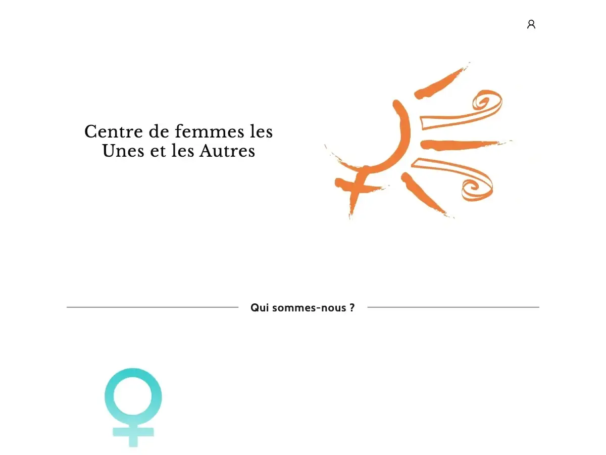 Accueil d'un centre de femmes : nom de l'organisme, logo orange, rubrique « Qui sommes-nous ? » et pictogramme féminin turquoise