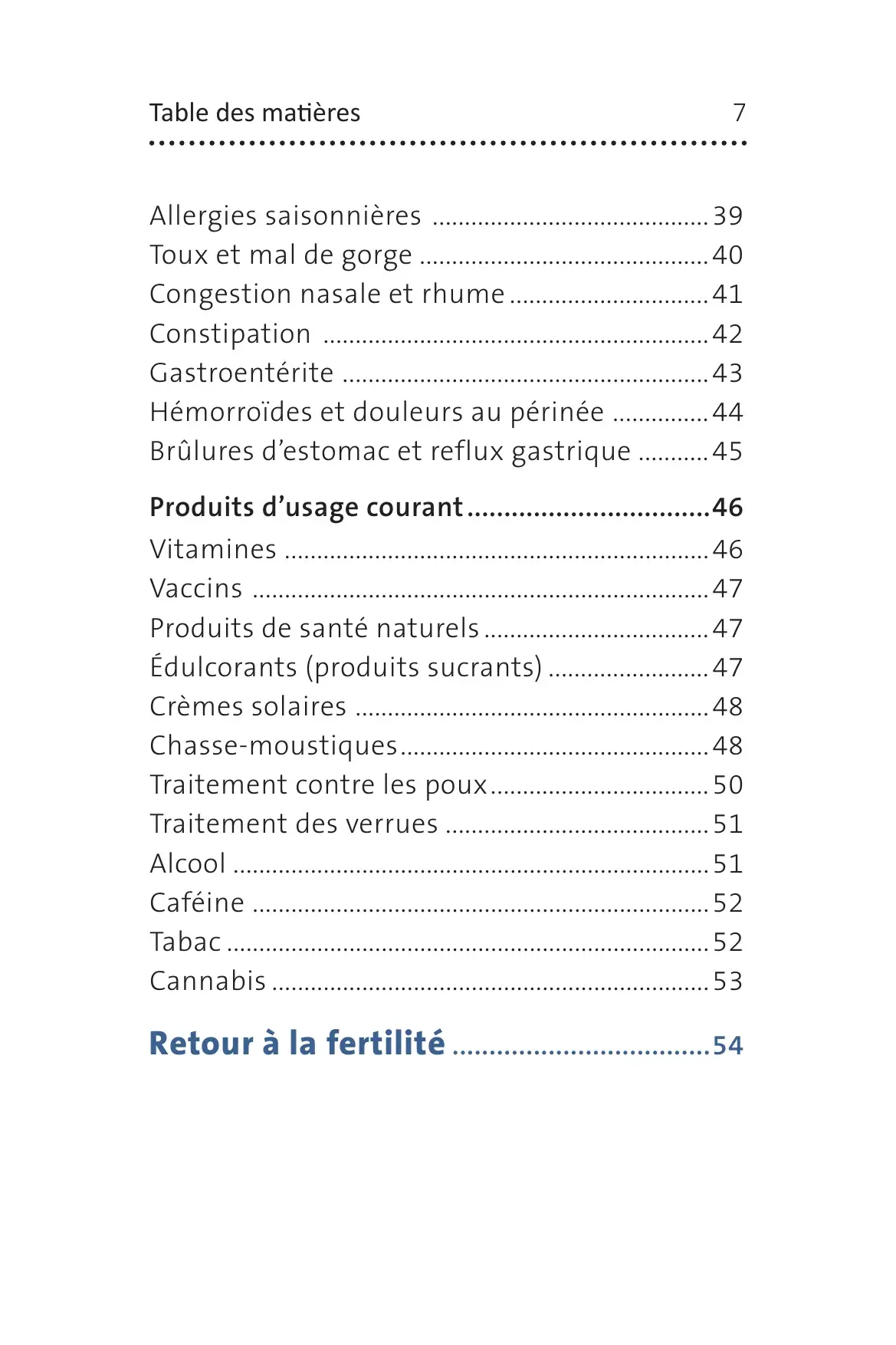 Table des matières (suite) : malaises et produits liés à l'allaitement, puis « Retour à la fertilité »