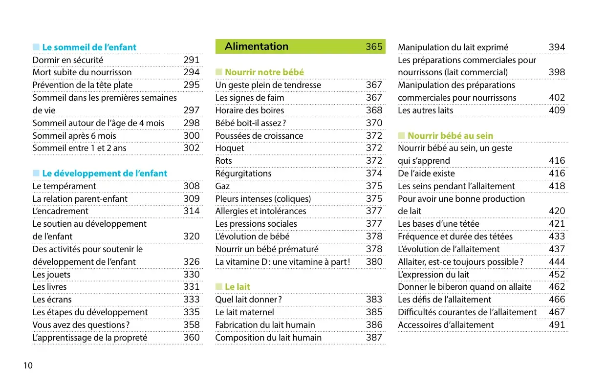 Table des matières (page 10) : sommeil, développement de l'enfant, alimentation et allaitement au sein