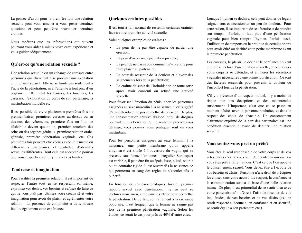 Texte sur la définition d'une relation sexuelle, les craintes fréquentes et l'anatomie de l'hymen