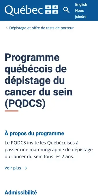 Capture d'écran (mobile) de Québec.ca : le programme invite les Québécoises à passer une mammographie aux 2 ans.