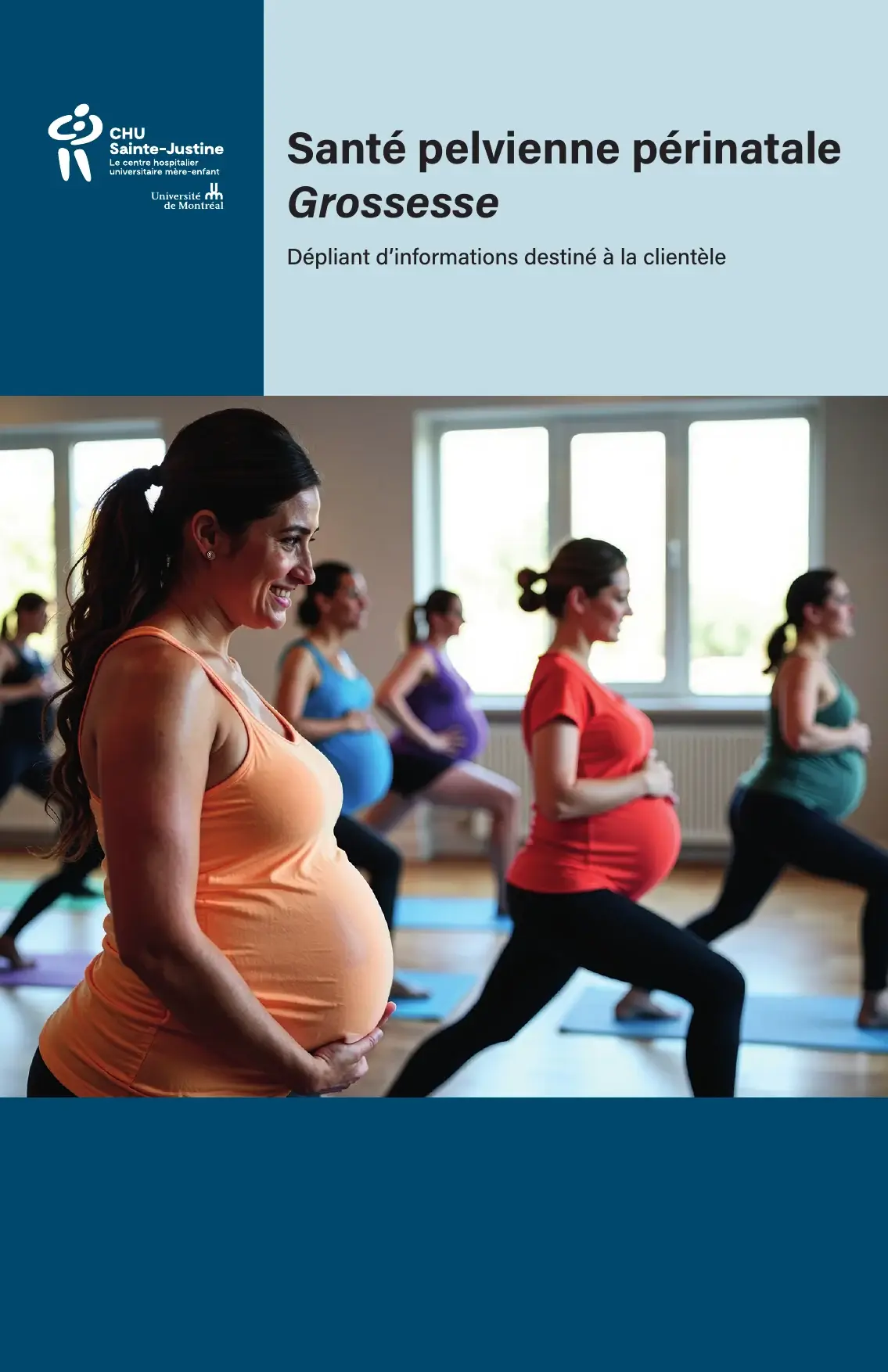 « Santé pelvienne périnatale — Grossesse », dépliant pour la clientèle, femmes enceintes en cours de yoga prénatal