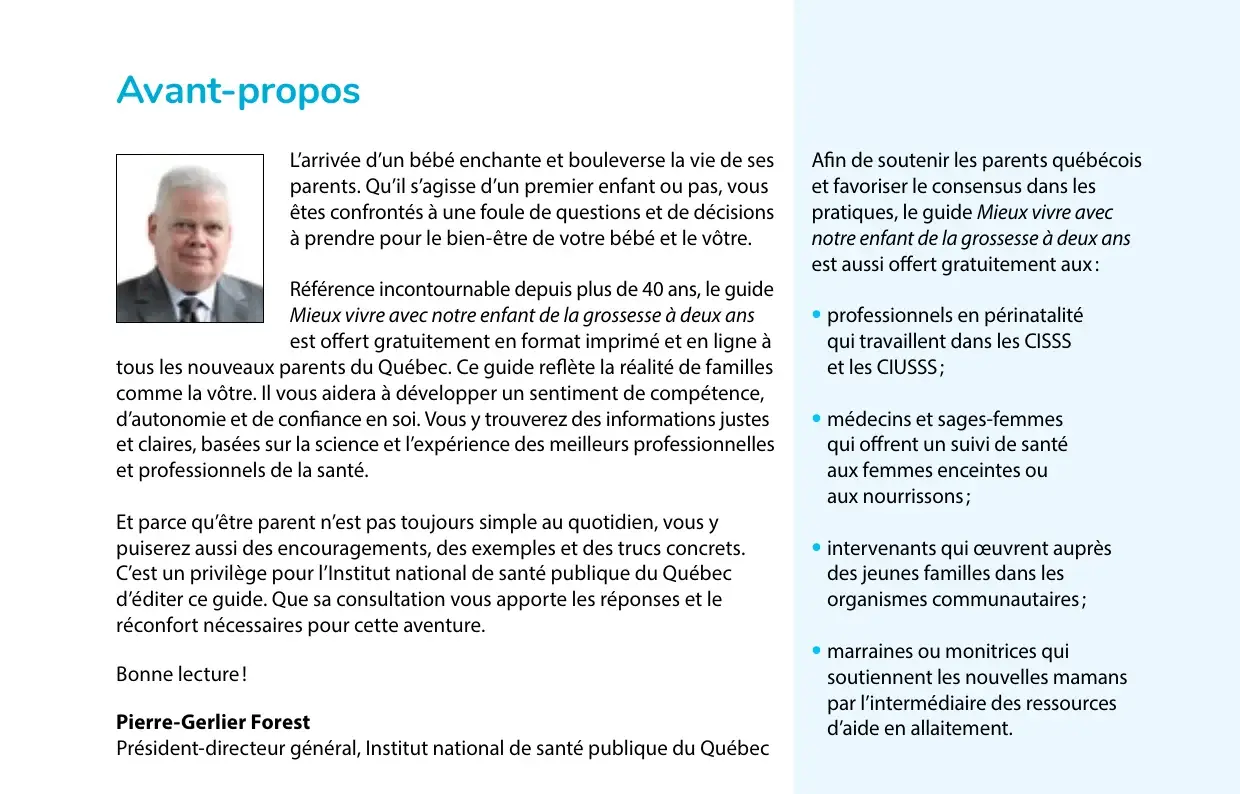 « Avant-propos » du président-directeur général de l'INSPQ, avec la liste des professionnels recevant le guide gratuitement