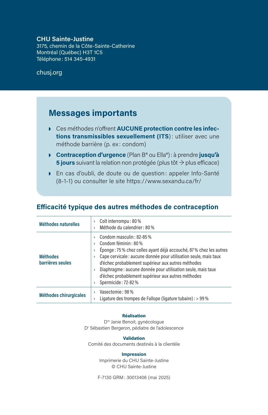 Dernière page : encadré Messages importants (ITS, urgence) et tableau d'efficacité des méthodes naturelles et barrières