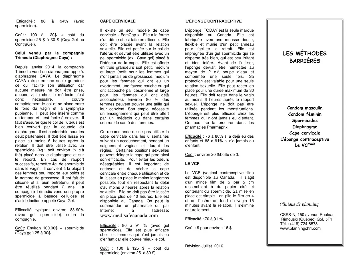 Texte sur la cape cervicale, l'éponge contraceptive et le VCF, avec encadré titre « Les méthodes barrières »