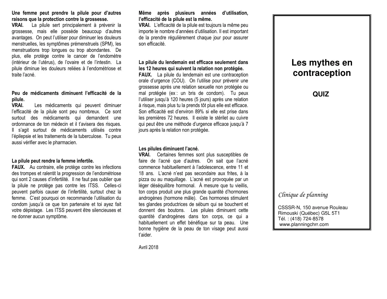 Autres mythes vrai ou faux sur la pilule (acné, pilule du lendemain), avec encadré titre et coordonnées
