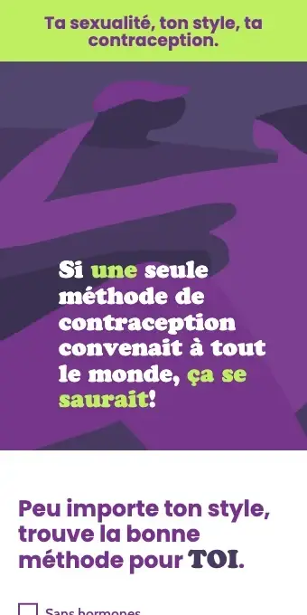 Page d'accueil en affichage mobile : bandeau vert « Ta sexualité, ton style, ta contraception. » et slogan sur fond violet illustré